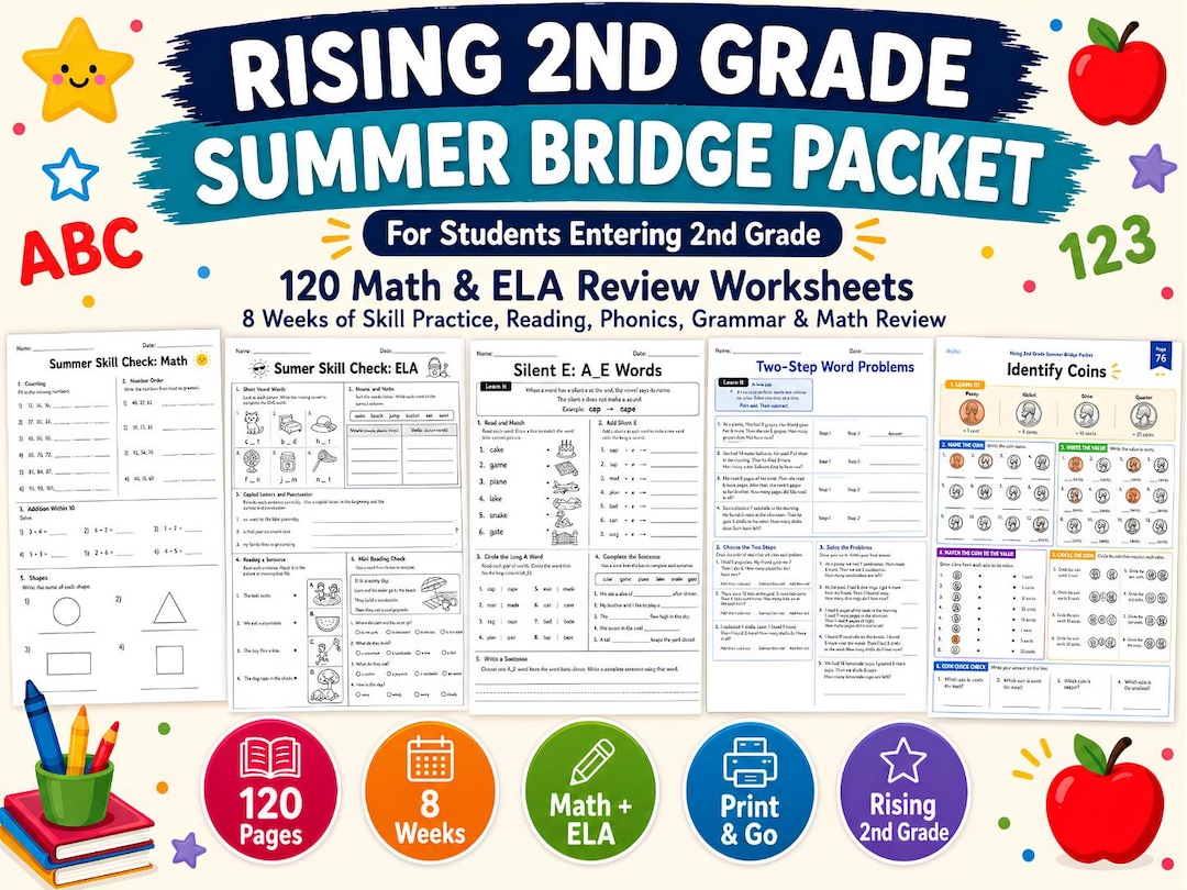 Rising First Grade Packet Rising 2nd Grade Summer Review Packet, 120 2nd Grade Summer Bridge ...