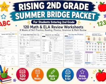 Rising 2nd grade Summer Coveret, 120 2nd grade Summer Bridge Arbeitsblätter, Ende der 1st Grad Math ELA Prüfung, druckbares Sommerpaket