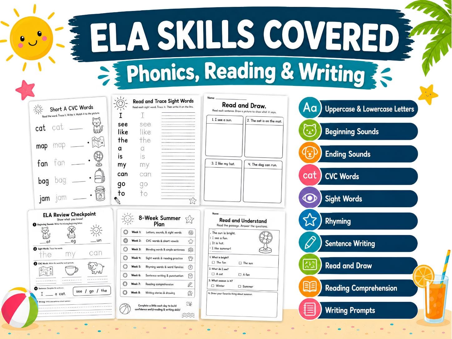 Rising First Grade Packet Rising 1st Grade Summer Review Packet, Kindergarten Math and ELA ...