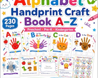 Back to School Alphabet Handprint Craft Bundle, 230 Page ABC Handprint Art Book, Preschool Alphabet Activities, Tracing & Beginning Sounds