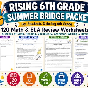 May include: A Rising 6th Grade Summer Bridge Packet featuring 120 math and ELA review worksheets. The cover displays a blue backpack, a red apple, and four sample pages covering math and reading topics for students entering the 6th grade.
