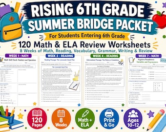 Rising 6th Grade Summer Review Packet, 120 6th Grade Summer Bridge Worksheets, End of 5th Grade Math ELA Review, Printable Summer Packet