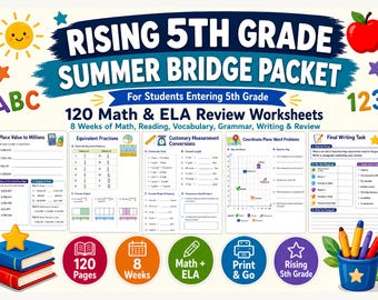 Kit de révision estival Rising 5e année, 120 feuilles d'exercices sur le pont d'été de 5e année, révision ELA de mathématiques de fin de 4e année, kit d'été imprimable
