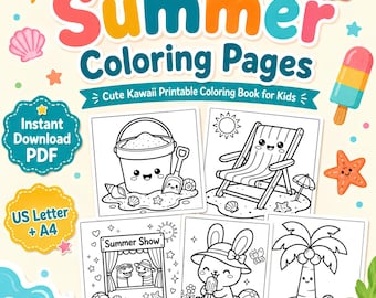 Summer Coloring Pages for Kids, 100 Cute Kawaii Summer Coloring Pages, Printable PDF Bundle, Toddler Preschool Vacation Activity