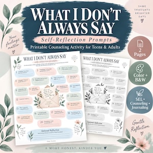 Può includere: Un'attività di autoriflessione stampabile intitolata What I Don't Always Say, che presenta venti domande numerate, un'illustrazione di una busta con il testo There are parts of me that are real, valid, and worth hearing, e accenti floreali.