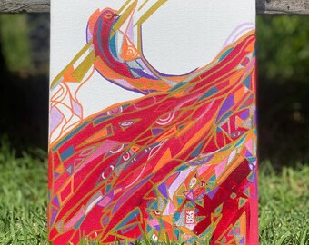 Könnte beinhalten: Abstraktes Gemälde auf Leinwand in einem Farbschema aus Rot, Orange, Gold und Lila. Das Gemälde zeigt geometrische Formen und Linien, die eine dynamische und energiegeladene Komposition erzeugen.
