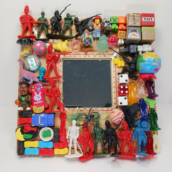 Upcycled Recycled Vintage Toys & Miscellany Collage Wooden Mirror