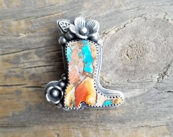 Cowboy Boot Pin . Handmade Sterling Turquoise & Spiny Oyster Brooch . Julie Nordine . SSP101