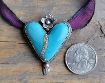 Large Handmade Sterling & Glass Heart Necklace . Julie Nordine . S-SN115