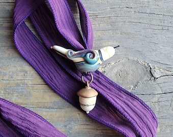 Handmade Art Glass Bird Bead and Acorn Necklace . Lampwork . Julie Nordine . Credit River Art Glass . N220