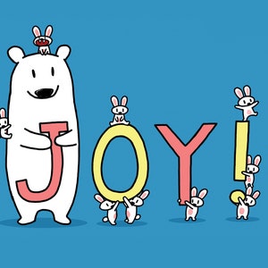 Joy Bear And Bunnies Blue Version Greeting Card