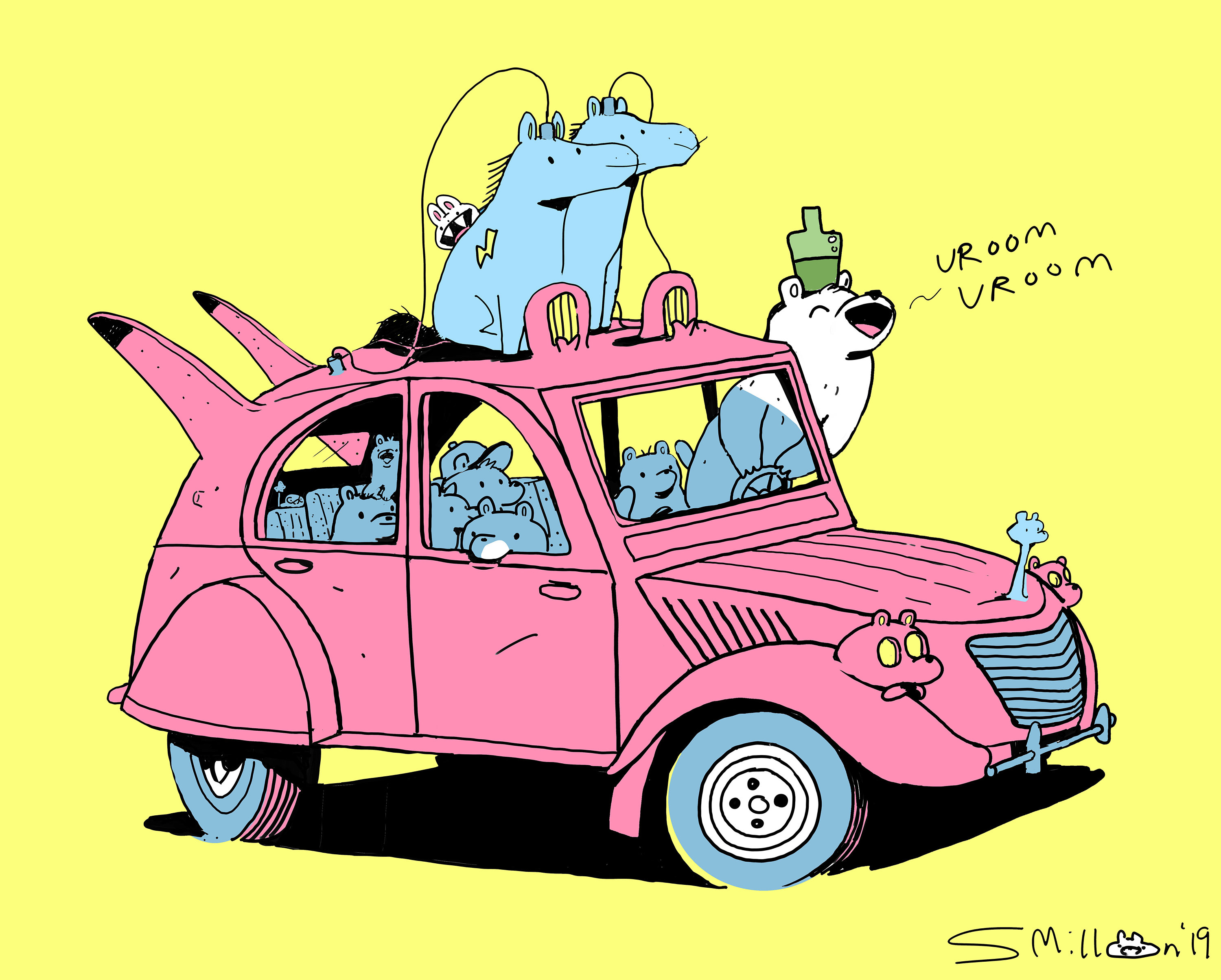 Drunky Bear Deux Chevaux French Car Art Print Etsy