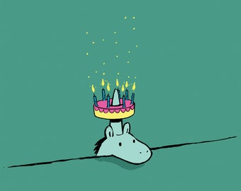 Unicorn Cake on Horn Birthday Card