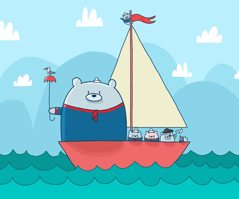 Puede incluir: Una ilustraci&oacute;n de dibujos animados de un grupo de osos polares navegando en un velero rojo con una vela blanca. El oso m&aacute;s grande lleva un traje de marinero azul y sostiene un paraguas con una gaviota posada en la parte superior. Los otros osos llevan sombreros y est&aacute;n sentados en el barco.