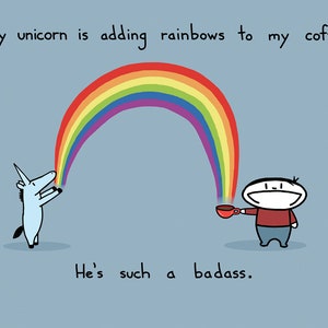 Carte de vœux Une licorne ajoute un arc-en-ciel à mon café