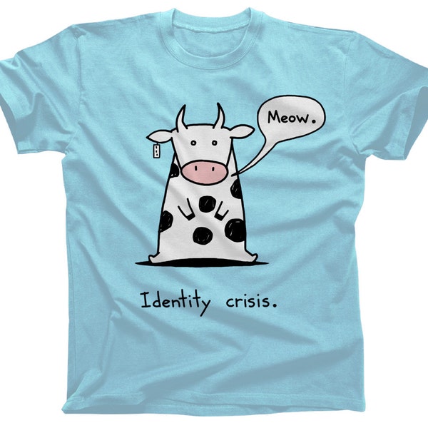 Identity Crisis Cat Cow Tshirt - Mens and Ladies Sizes - Cute Funny Cow Shirt (Womens Sizes are a Junior Cut)