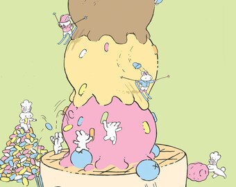 Tiny Chef Bunnies Make An Ice Cream Tower Greeting Card