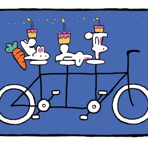 Carte de voeux d'anniversaire de lapins à vélo tandem