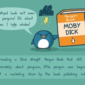 Pinguïn leest Moby Dick wenskaart