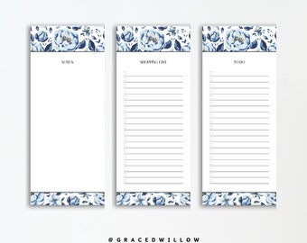 Lista de compras floral azul para refrigerador / Lista de tareas pendientes / Bloc de notas / 3.5x8.5in / 50 páginas desprendibles