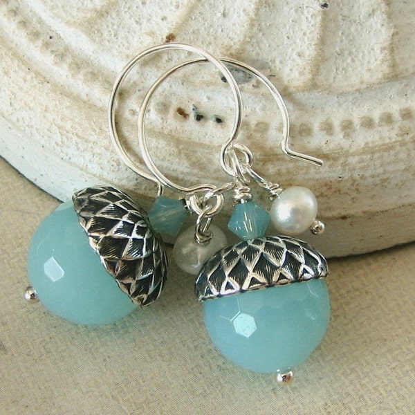 Aqua Blue Acorn Earrings, Blue Quartz Earrings, White Pearl, Opal Crystals, Silver Hoop Earrings, Modern Acorns, Resort Earrings