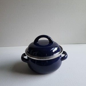 Small Blue Enamel Pot with Handles