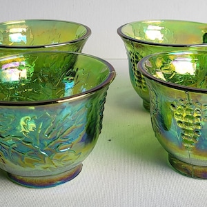 Indiana Glass Co. Harvest Green Carnival Glass Grape Leaf Cups, set of four