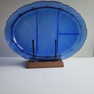 Oval Divided Blue Glass Serving Platter