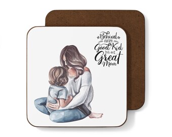 Corkcoasters gift for mother. - Unique Mother's Day Gift - Personalized Cork Coaster for Mom with Loving Text and mom and kid picture.