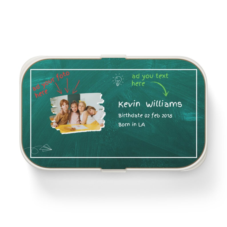 Brooddoos voor kinderen met naam. Gepersonaliseerde Kinderlunchbox met Naam, foto en Geboortegegevens. Gepersonaliseerd lunchbox. zdjęcie 2