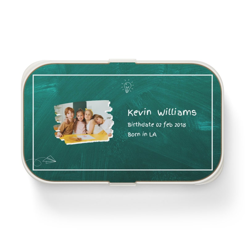 Brooddoos voor kinderen met naam. Gepersonaliseerde Kinderlunchbox met Naam, foto en Geboortegegevens. Gepersonaliseerd lunchbox. zdjęcie 5