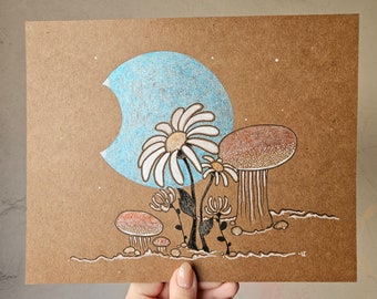 Original Pen & Ink Drawing Shimmer Effect Moon Mushrooms Forrest Witchcraft