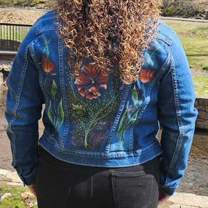 Handpainted Red Poppy Flower Denim Jacket