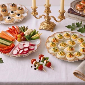 May include: A white scalloped serving platter with gold trim containing sliced carrots, cucumbers, red bell peppers, radishes, cherry tomatoes, asparagus, broccoli, cauliflower, and baby corn, arranged alongside deviled eggs on a matching platter.