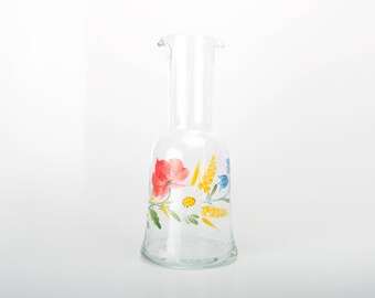 Clear glass water bottle, 2 pour spouts hand painted colourful flowers