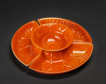 Lazy Susan California Pottery L59 Tabletts und Schüssel Vintage Orange Lotusblütenmuster