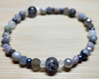 Grey Beaded Bracelet Dragon Vein Agate Bracelet Minimal Bracelet Neutral Jewelry Nature Inspired Gift Calm Jewelry