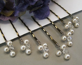 Wedding Hair Accessories - White Pearls and Clear Crystal Bobby Pins, Choice of White or Ivory Pearls Available