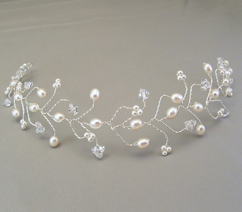 White Pearl Wedding Hair Vine Tiara, Bridal Hair Accessories, Pearl and Crystal Head Piece image 5