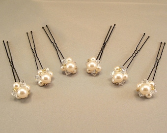 Gold Trim Beaded Wedding Hair Accessories, Gold Blend Hairpins, Pearls and Crystal Jeweled Buttons, Set of 7 Pins