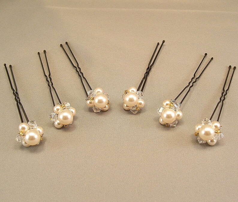 Gold Trim Beaded Wedding Hair Accessories, Gold Blend Hairpins, Pearls and Crystal Jeweled Buttons, Set of 7 Pins image 1