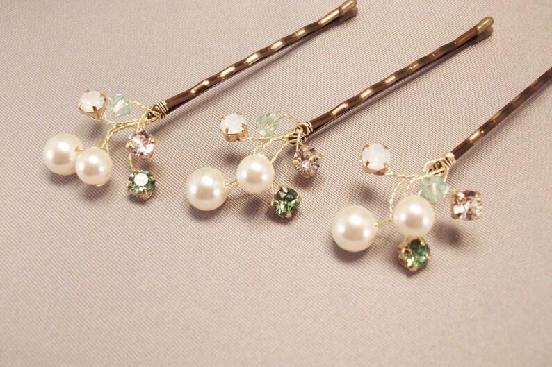 Wedding Hair Accessories,Choice of White or Cream Pearls and Swarovski Elements, Pearl Hair Clips, Green Weddings, Hair Piece image 3