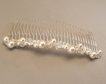 White Pearls, Wedding Hair Accessories - 4 inch Bridal Hair Comb - White Swarovski Pearls and Clear Crystal Mix