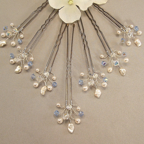 Something Blue Wedding Hair Accessories, Light Sapphire Crystal Handwired Bridal Hair Pins, Custom Wedding Hair Pins