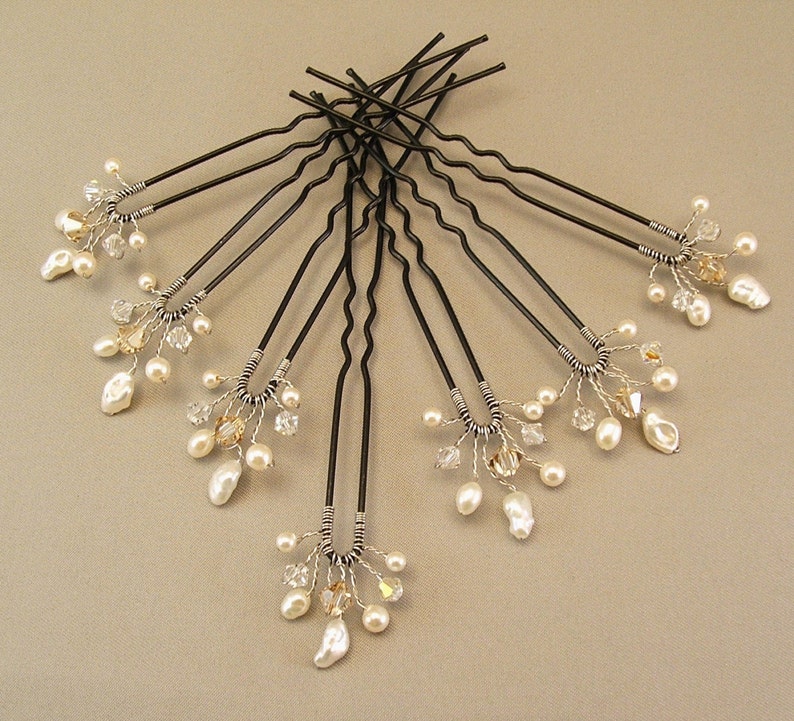 Wedding Hair Accessories, Set of Seven Freshwater Pearl Golden Blend Crystal Bridal Hair Pins image 2