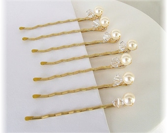 Gold Wedding Hair Accessories, Blonde Wedding Hair, Set of Seven Ivory Cream Pearl and Crystal Bobby Pins