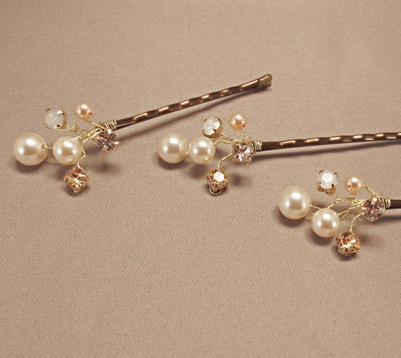 Wedding Hair Accessories,Choice of White or Cream Pearls and Swarovski Elements, Pearl Hair Clips, Peach and Cream Weddings, Hair Piece image 3