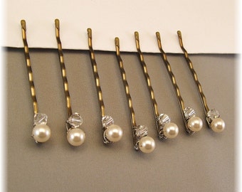 Wedding Hair Accessories - Set of Seven Cream Pearl and Crystal Bobby Pins, Choice of Cream or White Pearls available