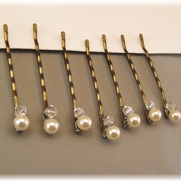 Wedding Hair Accessories - Set of Seven Cream Pearl and Crystal Bobby Pins, Choice of Cream or White Pearls available