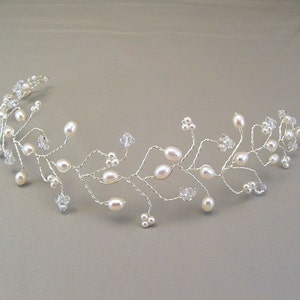 White Pearl Wedding Hair Vine Tiara, Bridal Hair Accessories, Pearl and Crystal Head Piece image 1